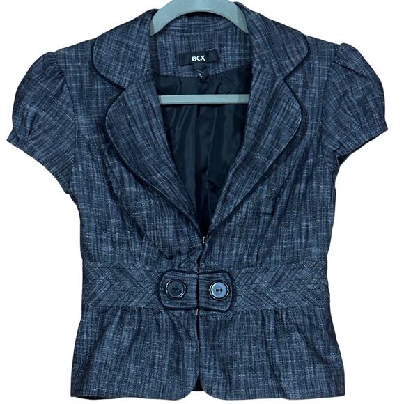 BCX Black White Fitted Peplum Blazer Jacket Short Sleeve Women's Size Small - Picture 1 of 9